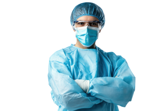 Portrait of a masked surgeon isolated on white background.