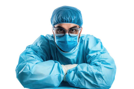 Portrait of a masked surgeon isolated on white background.