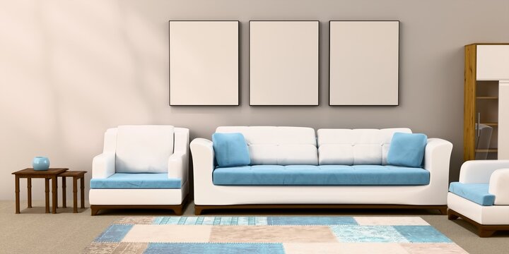 Fototapeta Mockup poster in the living room, the yellow sofa in bohemian style, 3d render, 3d illustration