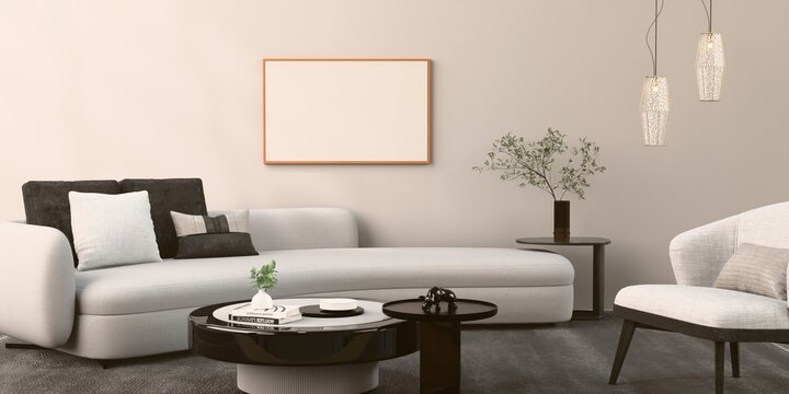 Fototapeta Mockup poster in the living room, the yellow sofa in bohemian style, 3d render, 3d illustration