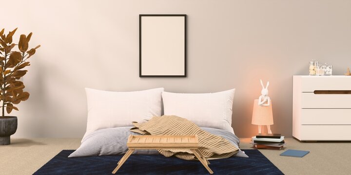 Fototapeta Mockup poster in the living room, the yellow sofa in bohemian style, 3d render, 3d illustration