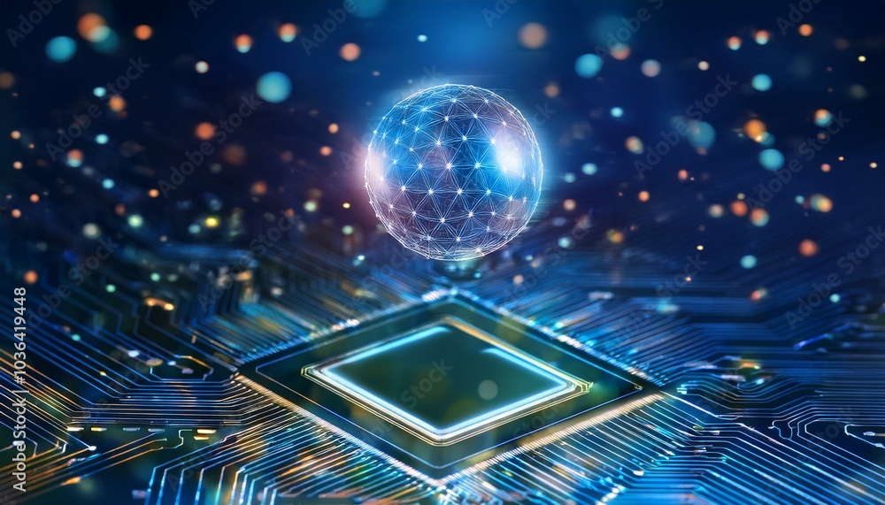 Poster global network on microchip: futuristic digital sphere hovers over a glowing microchip, representing