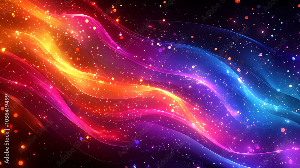 Poster abstract background with glowing waves of vibrant colors and sparkling particles.