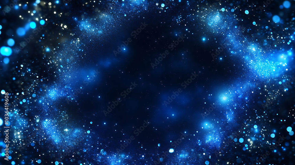 Poster abstract blue and white light bokeh on black background with copy space in the center.