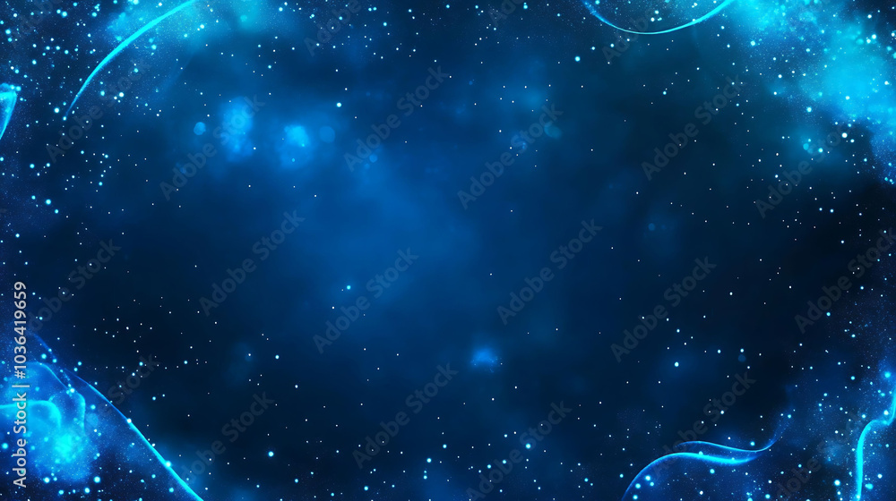 Poster abstract blue background with glowing lines and particles.