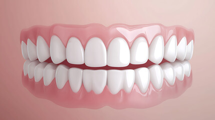 Obraz premium Close-up of a perfect set of white teeth with gums in a pink background.