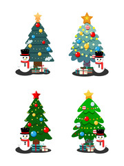 Flat Vector Christmas Tree with Colorful Lights Ornaments and candy with snowman and gift box