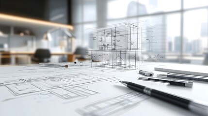 Architectural Blueprint Workspace with Technical Drawing Tools and Office Supplies on a Desk  Concept of Planning Designing and Developing a Construction or Engineering Project