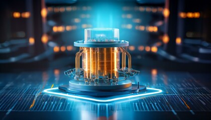 Quantum Leap: Futuristic Central Processing Unit (CPU) glowing with vibrant energy, set against a backdrop of a technologically advanced server room.