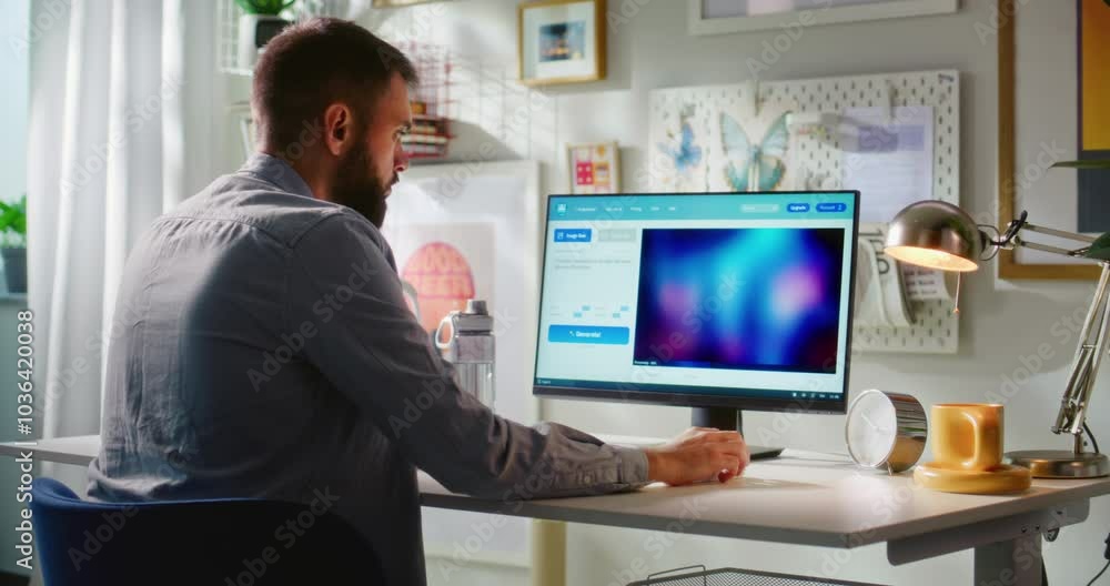 Poster adult man enters text prompt in artificial intelligence software on computer. ai image generator cre