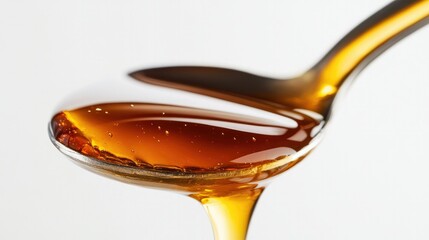 Close-up of honey being poured from a spoon onto a white background, showcasing its rich, glossy texture and golden hue.