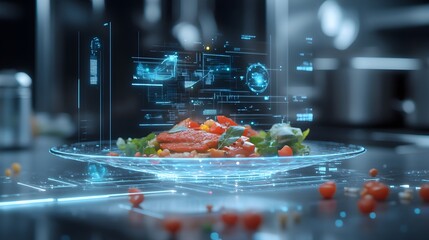 Futuristic holographic dish displayed on a high tech digital presentation platform showcasing the latest advancements in modern culinary technology and creative food visualization