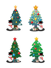 Flat Vector Christmas Tree with Colorful Lights Ornaments and candy with snowman and gift box