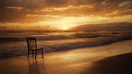 A solitary chair on the beach, facing the horizon, bathed in the golden hues of a setting sun. The calm ocean waves and the warm glow of twilight create a peaceful, serene atmosphere.