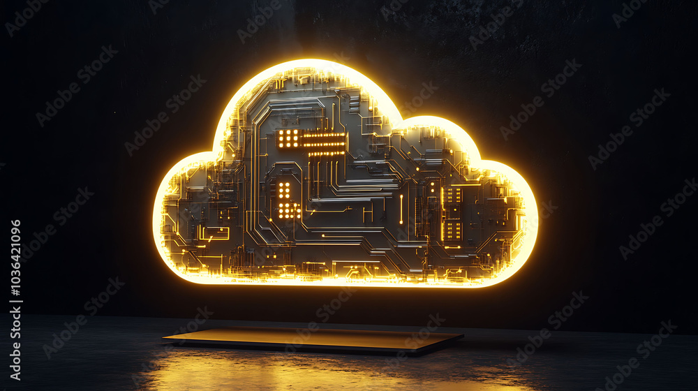 Poster a glowing cloud computing symbol, composed of intricate circuitry, floats above a sleek laptop on a 