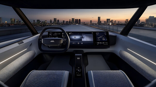 Interior view of a driverless car on a city road with a skyline in the distance. The dashboard is equipped with a large touchscreen and a futuristic steering wheel.