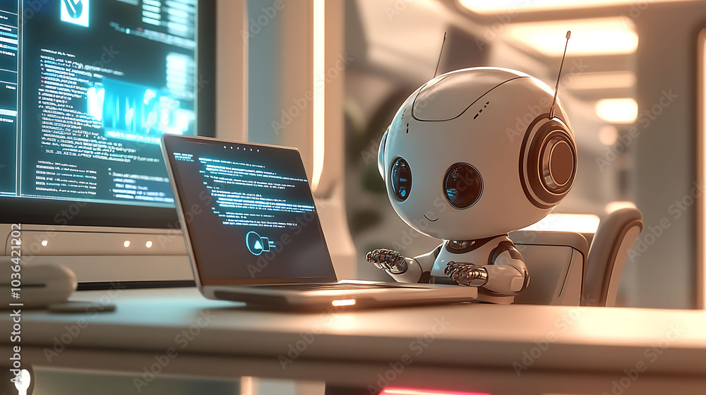 Poster a small, white robot with blue eyes sits at a desk in a futuristic office, using a laptop. the scree