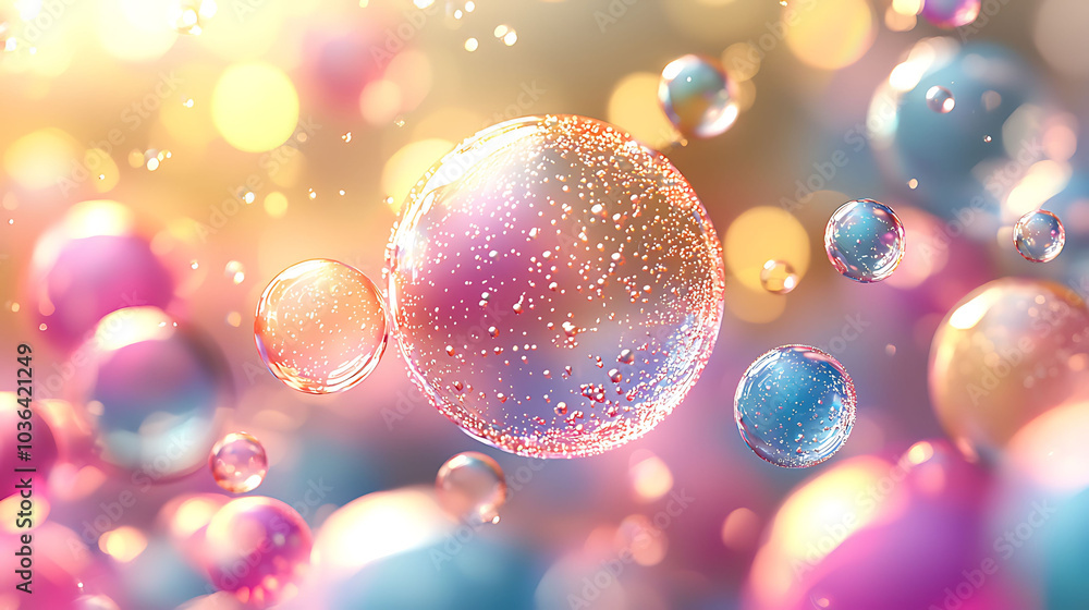 Poster abstract background with colorful, translucent orbs floating in a golden light.