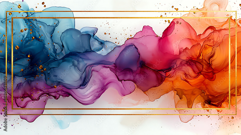 Poster abstract colorful fluid art with gold glitter in a rectangular frame.