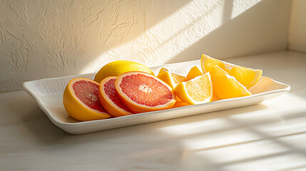 A white rectangular plate with a whole grapefruit and several slices of grapefruit and orange, with natural light streaming in from a window.
