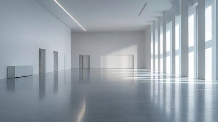 Fototapeta premium Bright and Spacious Minimalist Interior with Concrete Floors and Large Windows