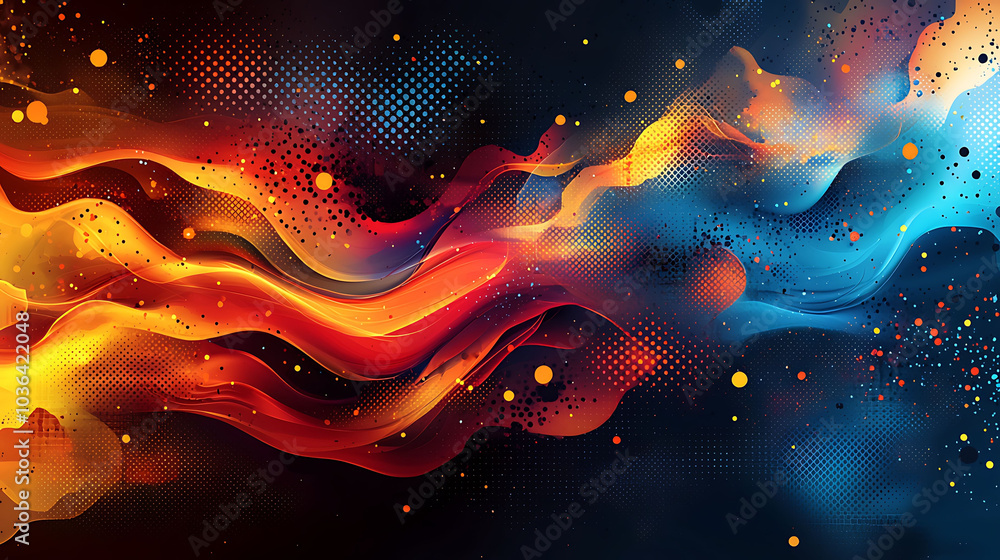 Poster abstract colorful waves with glowing particles and dark background.