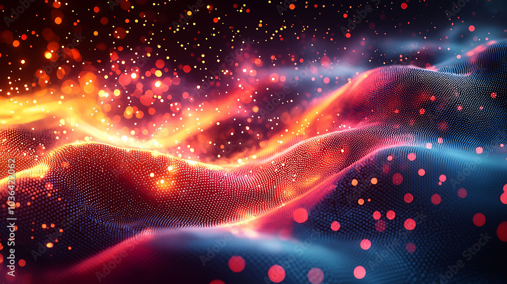 Poster abstract glowing digital landscape with red and blue color with bokeh effect.
