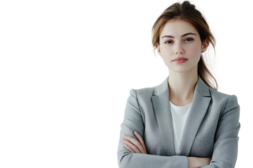 Business woman posing in coworking space isolated on transparent and white background.PNG image