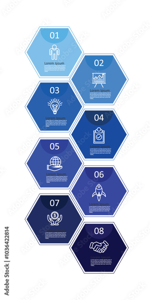 Poster vertical infographics hexagon with 8 step. you can used for marketing process, workflow presentation