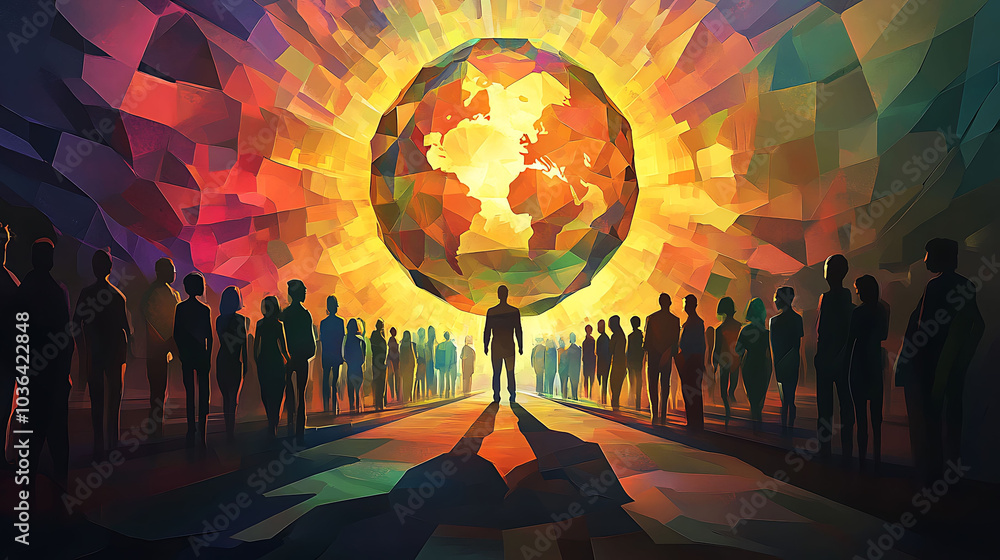 Wall mural a crowd of people stand in front of a glowing, low-poly earth, radiating warmth and hope.