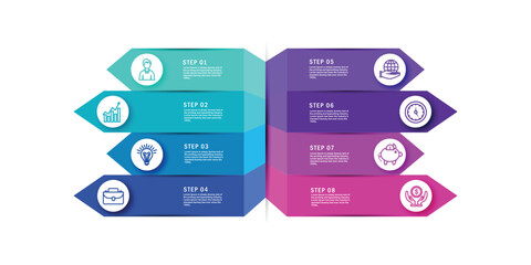 Modern infographic template. Big paper arrow of 8 colourful horizontal strips. Can be used for graph, chart, report, presentation