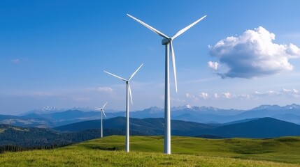 Wind turbines generating renewable energy on a green hillside, with a scenic mountain range and blue sky in the background.