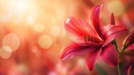 Fototapeta premium Close-up Shot of Fire Lily Flower close-up on pink Amaryllis flower petals tropical jungle plant flower nature spring flora desktop wallpaper, beauty or cosmetics banner poster, with Blur Background 