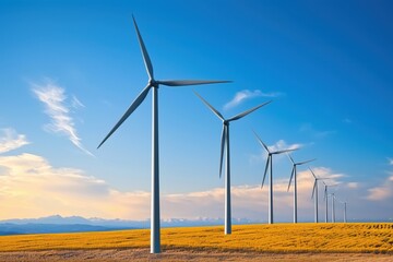 Row of wind turbines generating renewable energy in a vast golden field, set against a clear blue sky and distant mountains.