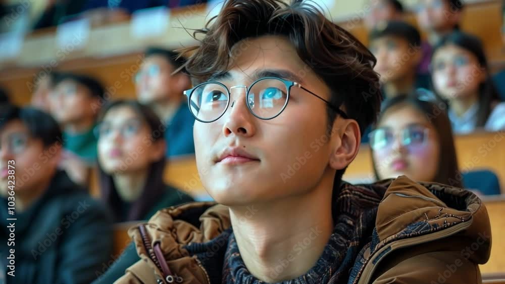Poster A student with glasses sits in the foreground, deeply engaged in a lecture. Surrounding him are fellow attendees, all fixated on the speaker, creating an atmosphere of concentration.