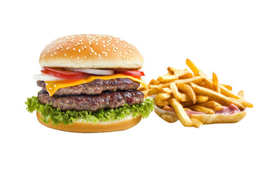 A delicious cheeseburger with lettuce, tomato, and onion served with fries on the side isolated on white background.