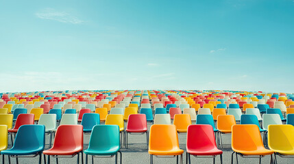 Fototapeta premium A wide-angle shot of a stadium with rows of empty plastic chairs, the seats forming a colorful sea under the open sky. The anticipation of the event is captured in the stillness of the empty seats.