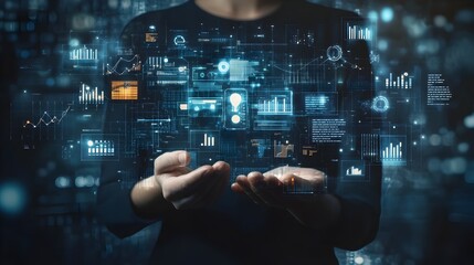 Fototapeta premium Futuristic Digital Technology Visualization with Intelligent Holographic Data Analytics for Business and Finance