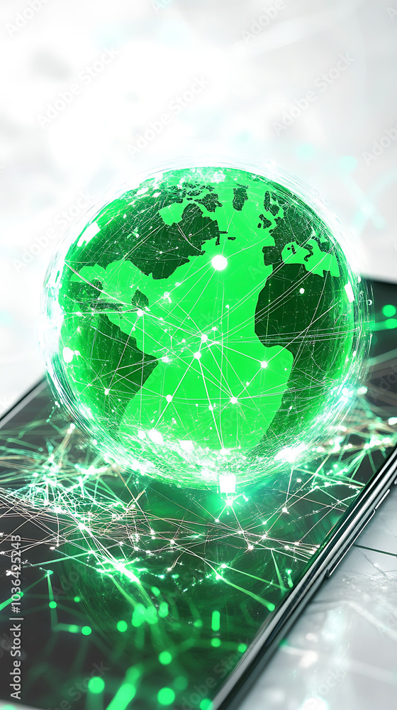 Poster a green globe with glowing lines representing internet connectivity sits on a black smartphone.