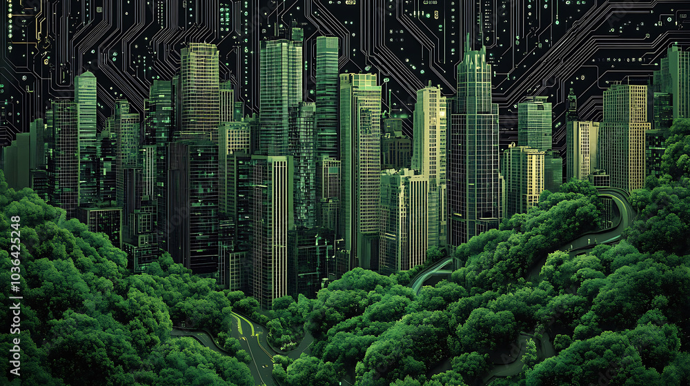 Poster a futuristic cityscape with a circuit board design emerging from a lush forest, symbolizing the conn