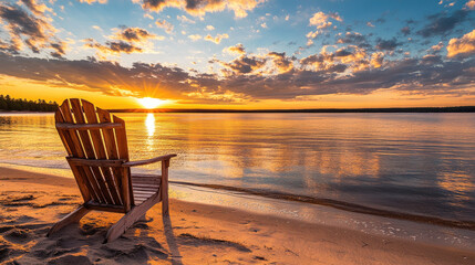 A wooden chair sits on the sandy beach as the sun sets, casting long shadows and golden reflections on the water. The vibrant colors of the sky evoke a moment of tranquility and relaxation.