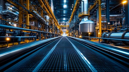 Obraz premium Expansive Industrial Factory Interior with Complex Manufacturing Machinery and Equipment