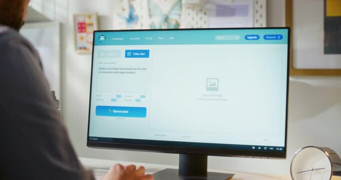 Close up of adult man typing prompt in artificial intelligence app using computer. AI video generator creates high-quality video of modern house. Online text to video app on PC. Automated artwork.