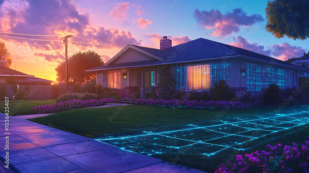 Poster a suburban home with a glowing grid pattern on the lawn and windows, suggesting a connection to tech