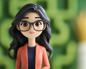 Stylish animated woman with glasses, colorful background, modern design.