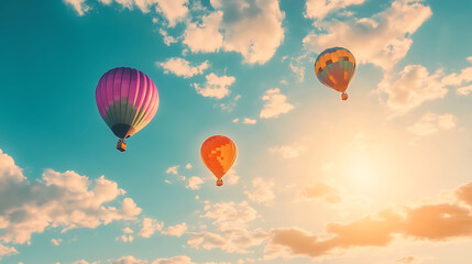 Fototapeta premium Three colorful hot air balloons fly across a bright blue sky with fluffy clouds. The sun shines brightly in the background, casting a warm glow on the scene.