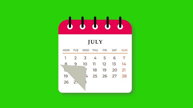 Calendar Flipping Pages Animation Monthly Chroma Key Green Background. 4K Resolution