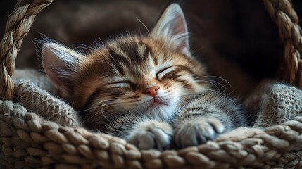 Adorable sleeping kitten snuggled in a cozy woven basket a heartwarming scene of feline serenity and comfort