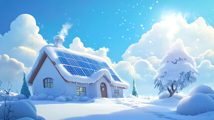 Fototapeta premium A cozy cottage covered in snow with solar panels on the roof, surrounded by snowy trees and a bright blue sky with sunshine.