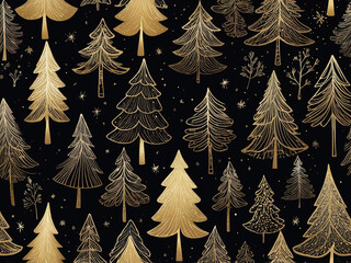 Obraz premium abstract Hand drawn naive Christmas tree design element for card Gold sparkling sketch with xmas trees on dark background